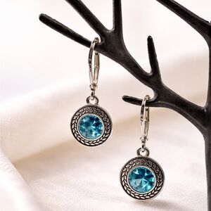 Napier Blue Crystal Dangle Earrings | Silver Tone Leverback Vintage Style